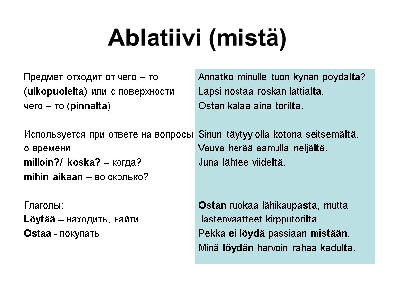 Ablatiivi (mistä) Предмет отходит от чего – то (ulkopuolelta) или с поверхности Ablatiivi (mistä) Предмет отходит от чего – то (ulkopuolelta) или с поверхности